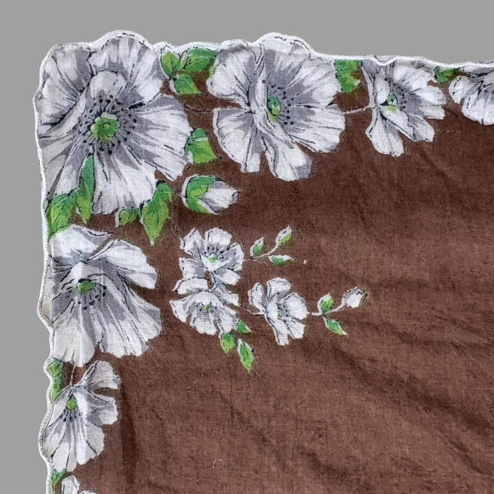 Vintage 1950s Floral Handkerchief Brown White